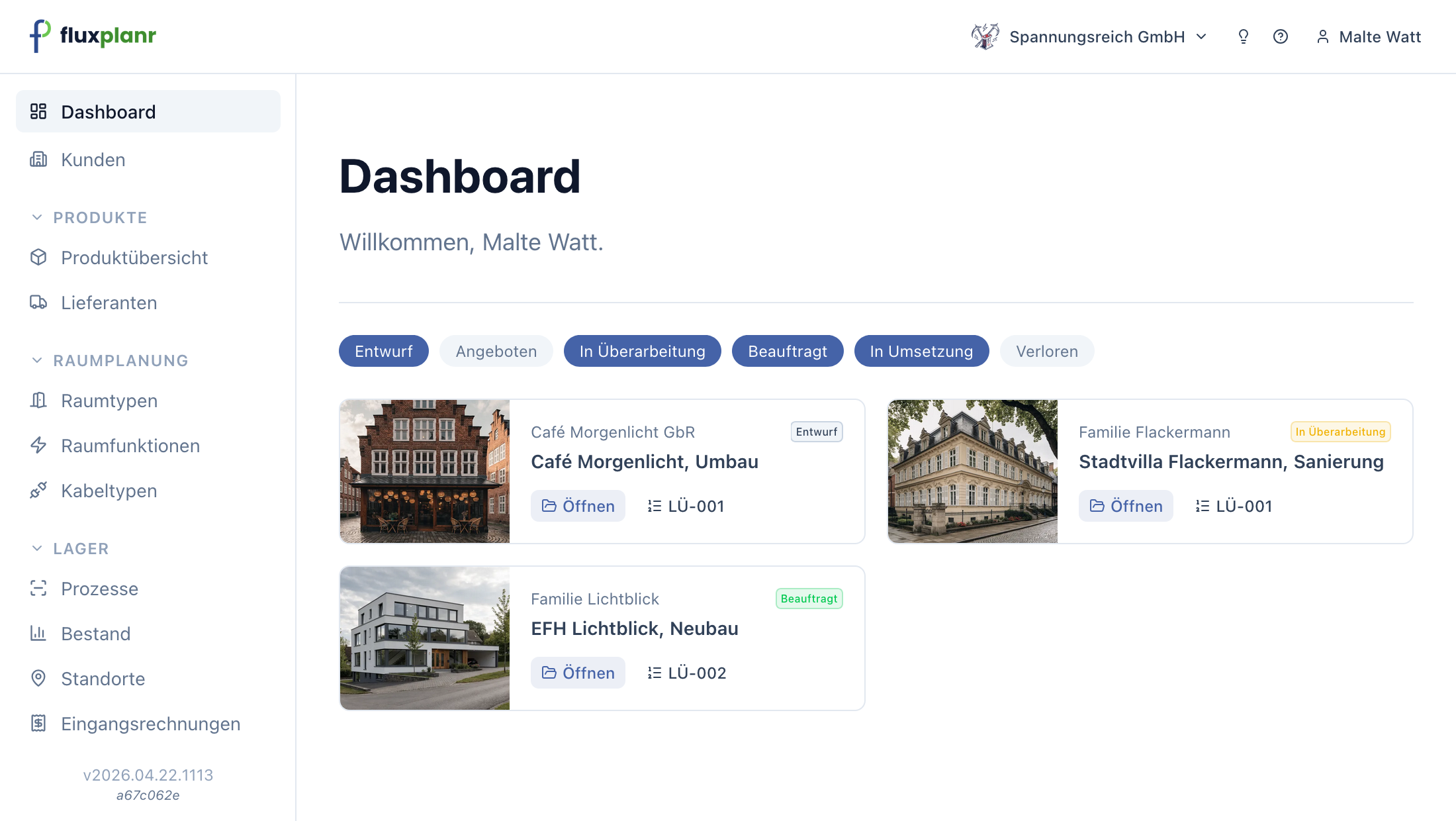 fluxplanr Dashboard mit drei Bauvorhaben im Überblick