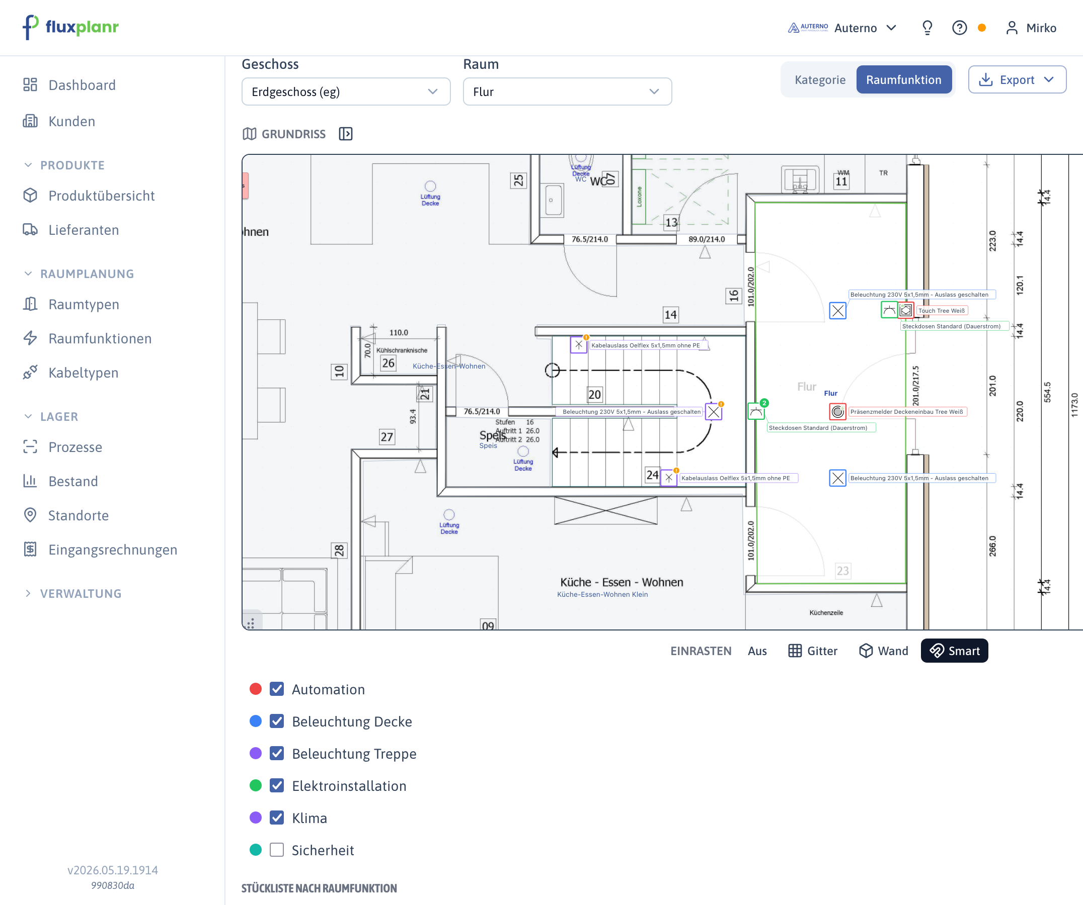 fluxplanr Plan-Editor mit Grundriss-Ansicht, farbigen Raumfunktions-Markern (Beleuchtung, Automation, Klima, Sicherheit) und Filterleiste pro Raumfunktion — Smart-Snap-Modus aktiv.